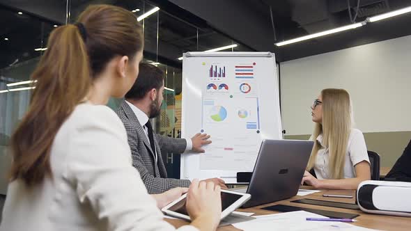 Bearded Businessman Expalining the Value of Graph on Flip Chart Presentation