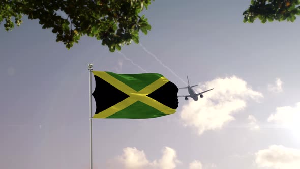 Jamaica Flag With Airplane And City -3D rendering