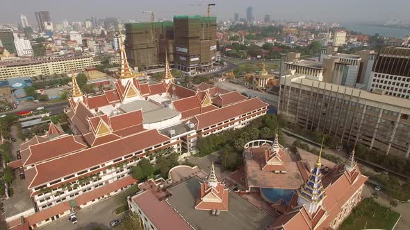 Aerial view of religious temples during the sunset, Phnom Penh, Cambodia.