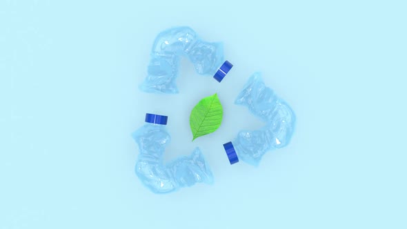 Three plastic bottles rotating around green leaf symbolizes protection planet