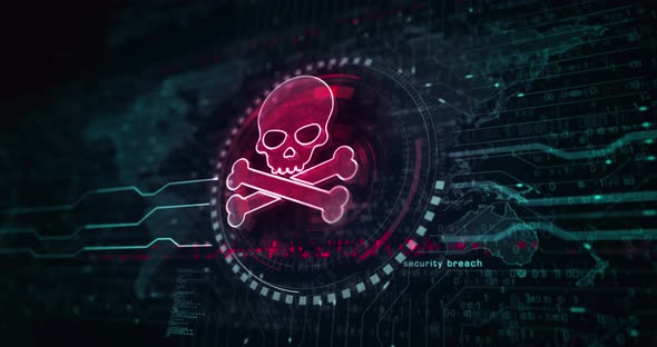 Skull pirate and online cyberattack symbol loop digital concept