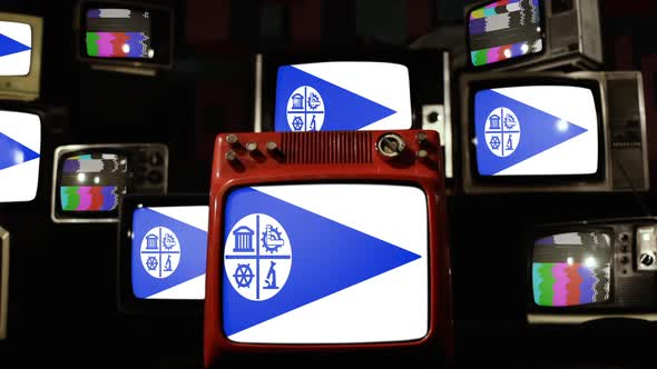 Flag of Minneapolis, City in the US state of Minnesota, and Old Retro TVs. 