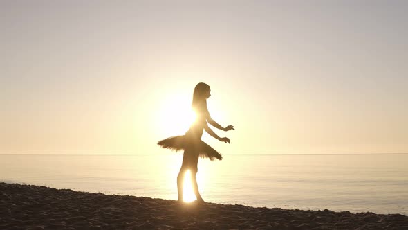 Gorgeous View of a Young Woman in Dark Tutu Right in Front of the Sea Ocean