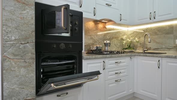 Closeup Panning of Modern Classic White Kitchen Interior