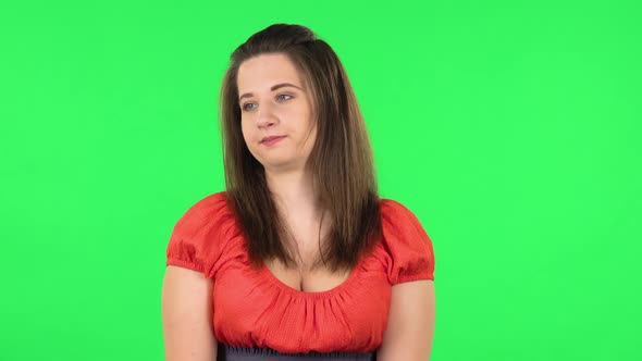 Portrait of Cute Girl Standing Waiting. Green Screen