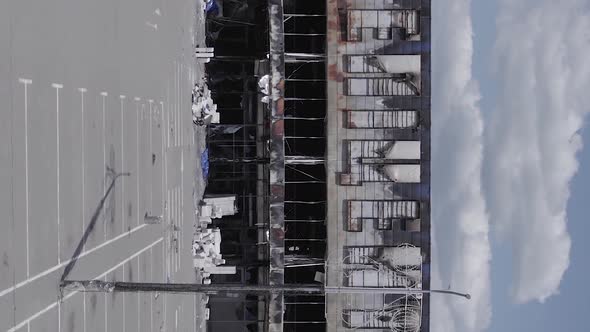 Vertical Video of a Burned Down Shopping Center in Bucha Ukraine During the War