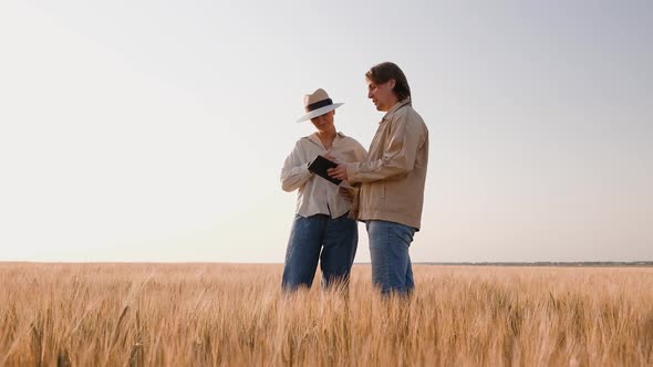 Young Farmers Examing Planted Wheat in the Fields