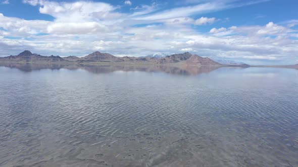 Aerial view flying over the Bonneville Salt Flats covered in water