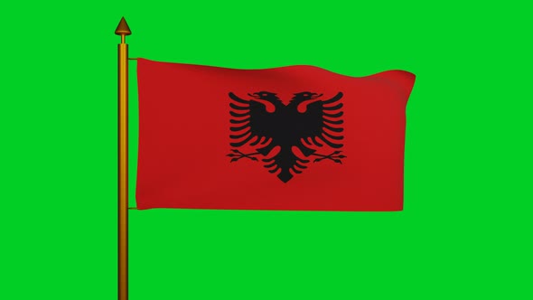 National flag of Albania waving with flagpole on chroma key, Republic of Albania flag textile