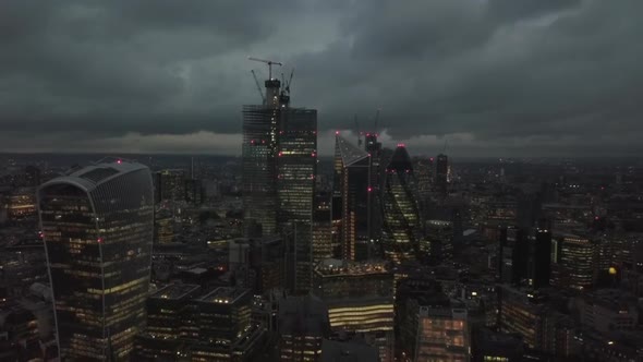 Establishing Aerial Drone View of Financial District in London City Skyscrapers Gherkin The