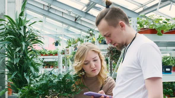 A Man and a Woman Choose an Indoor Flower Look for Information About It on the Internet