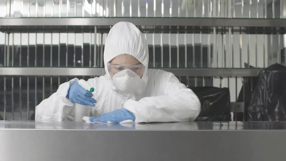 Concentrated Serious Woman in Antiviral Suit and Respirator Spraying Sanitizer in Gym and Cleaning