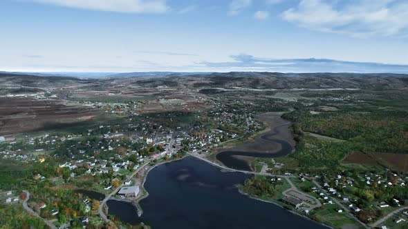 Drone view of small town among the forest, Parrsboro, Nova Scotia, Canada