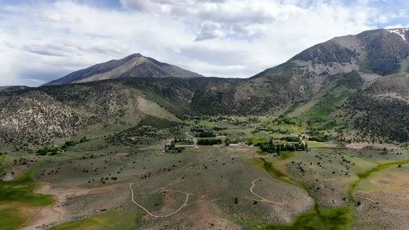 Aerial View of Green Land and Mountain in Aspen Springs, Mono County California, USA