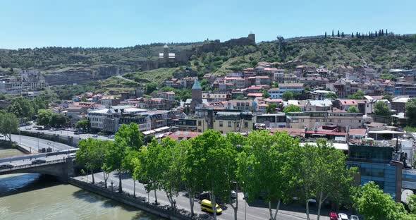 Tbilisi, Georgia - May 23 2022: Aerial view of Old Tbilisi, Flying over historic houses