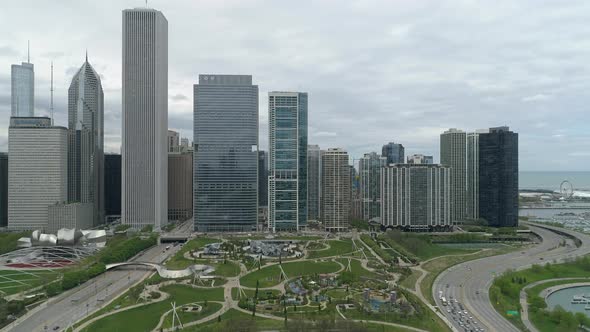 Aerial view of skyscrapers and the Millennium Park