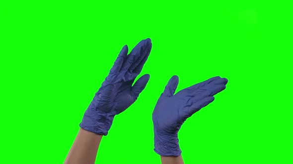 Doctors Female Hands in Blue Gloves Are Dancing, Gesticulating. Green Screen. Close Up