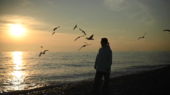 Caucasian Woman Feeding Seagulls on the Sea at Sunset