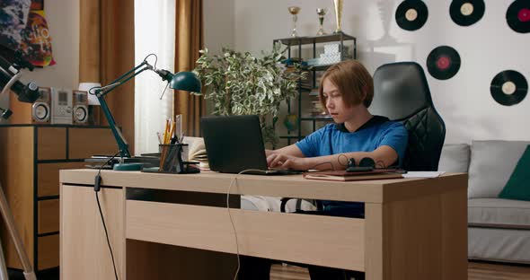 Smiling Boy Sitting on Chair in Room at Desk in Front of a Laptop the Student Has Online Lessons alt