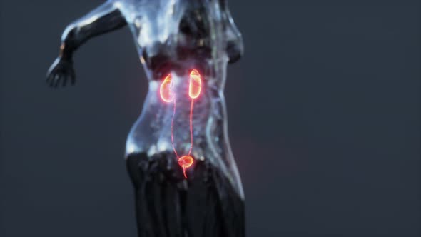 Human Kidneys and Circulation with a Skeleton Medical Diagram