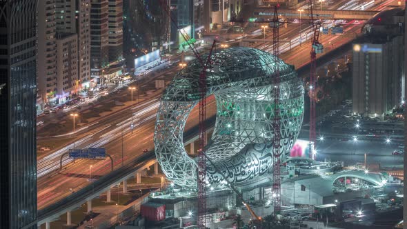 Construction Site of the Museum of the Future Aerial Night Timelapse Next Iconic Building of Dubai