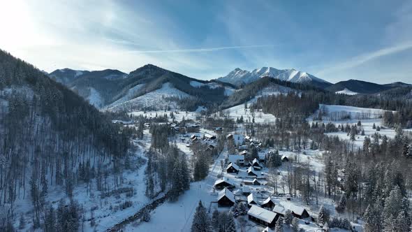 Aerial view of the snowy village of Tatranska Javorina in Slovakia