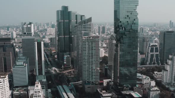 Aerial View of Sathorn District, Chong Nonsi, King Power Mahanakhon Tower and Skywalk in Bangkok