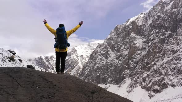 Young Hiker On Mountain Peak At Sunset Successful Pose Outstretched Arms Business Life Achievement