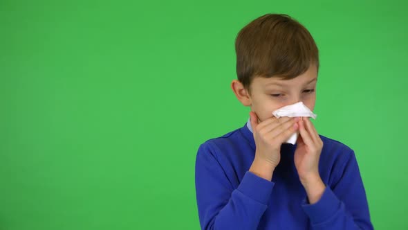 A Young Cute Boy Blows His Nose Into a Paper Tissue - Green Screen Studio