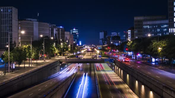 Downtown Barcelona Skyline - Night Traffic Timelapse