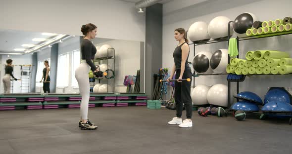 Two Attractive Darkhaired Women Perform Fitness Exercises with Equipment