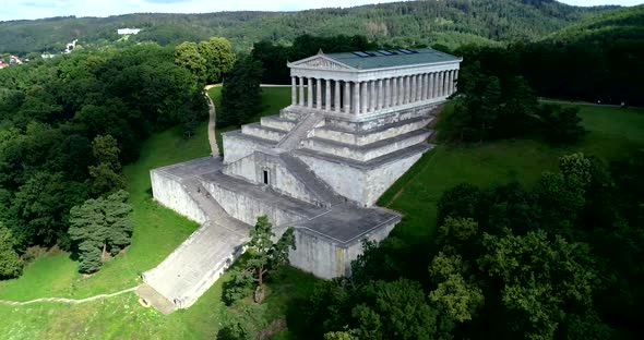 Beautiful drone video above the monument of Walhalla.