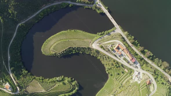 Quinta do Tedo drone view of s shape bend river in Douro wine region, in Portugal