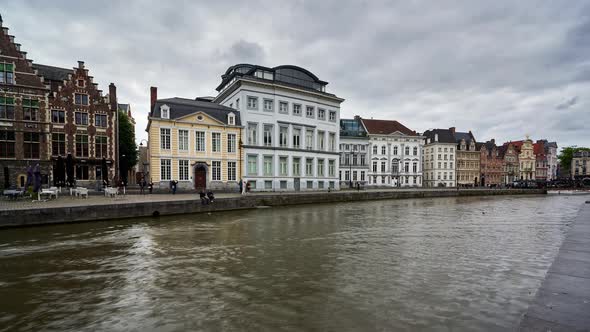 Ghent time lapse of historic buildings on the waterfront by the river canal. Belgium