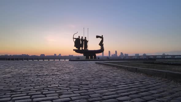 Symbol of Kyiv - a Monument To the Founders of the City in the Morning at Dawn. Ukraine. Aerial