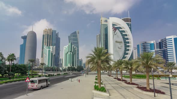 The Highrise District of Doha with Traffic on Intersection Timelapse Hyperlapse