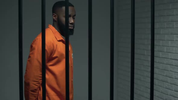 Nervous Black Prisoner Waiting Sentence in Solitary Cell, Convicted Criminal