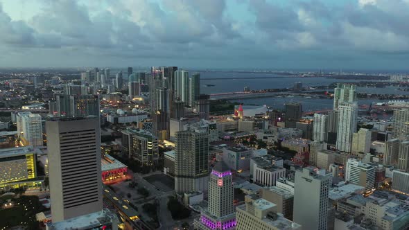 Aerial Flyover Downtown Miami City Lights 4k