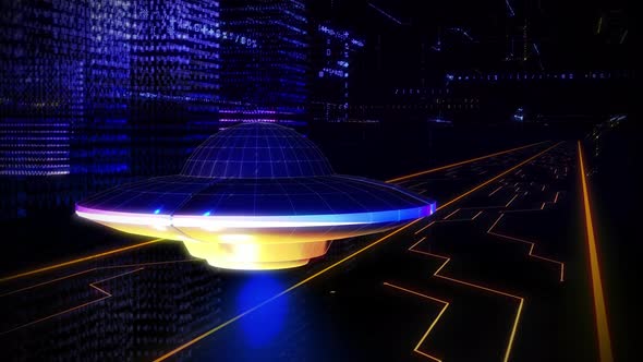 Futuristic Animated UFO Crossing Lines Of Symbols In Beautiful Dark Digital Road alt
