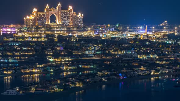 Aerial View of Palm Jumeirah Island Night Timelapse