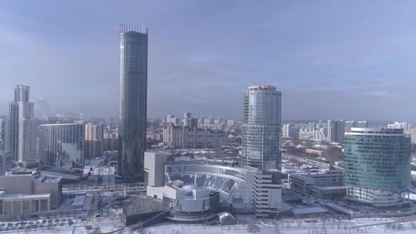 Aerial view of Ekaterinburg city with modern glass facade buildings. Russia 12