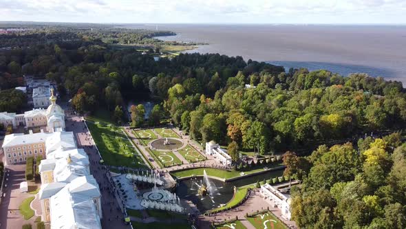 Aerial View of Peterhof Palace, with the Gardens, Parks, Water Fountains and Water Canals