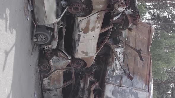 Vertical Video of a Dump of Destroyed Cars During the War in Ukraine