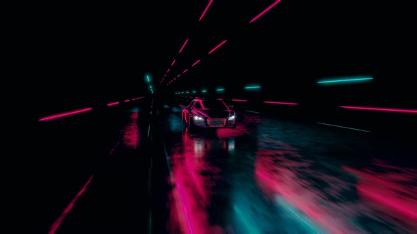 Sports car driving on asphalt road at night. Driving on an neon illuminated night road.