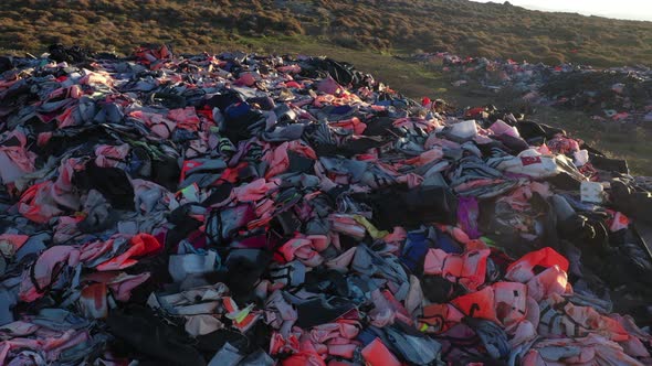 Piles of refugee lifejackets on lesvos Island