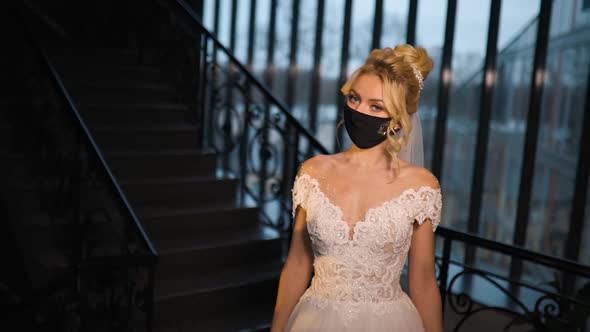 Cute Young Bride Face Mask Wears Wedding Dress Turns Away
