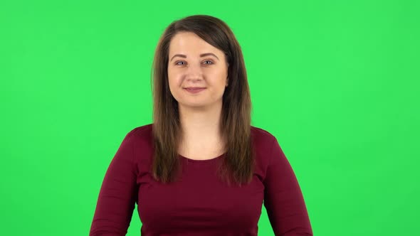 Portrait of Pretty Girl Worrying in Expectation Then Disappointed and Upset. Green Screen