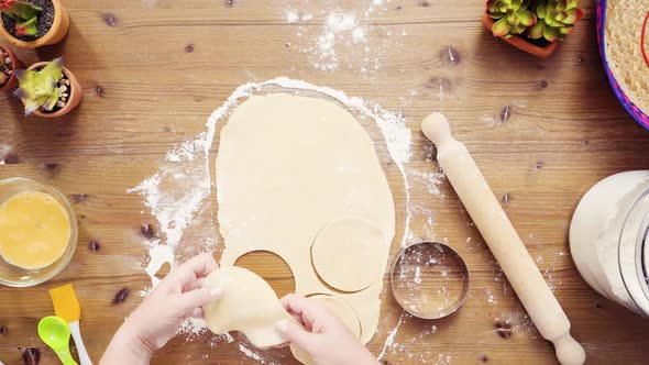 Flat lay. Step by step. Rolling dough for home made empanadas.