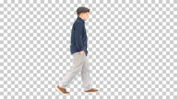 Stylish teenage boy in a shirt and a cap walking, Alpha Channel