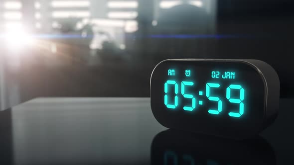 Digital Alarm Clock Shows 6 Am on the Screen and Wakes with Loud Ring Sound